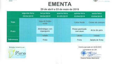 EMENTA DE 29 DE ABRIL A 3 DE MAIO