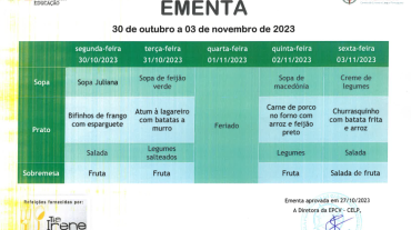 EMENTA DE 30 DE OUTUBRO A 03 DE NOVEMBRO