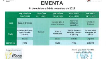 EMENTA DE 31 DE OUTUBRO A 04 DE NOVEMBRO