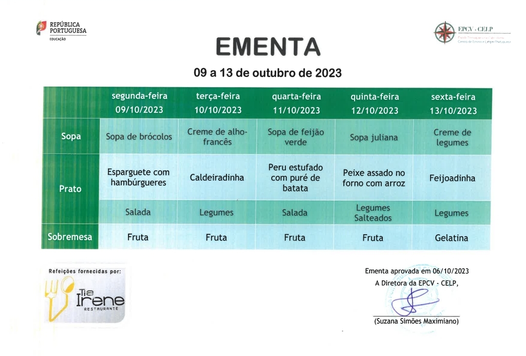 EMENTA DE 09 A 13 DE OUTUBRO