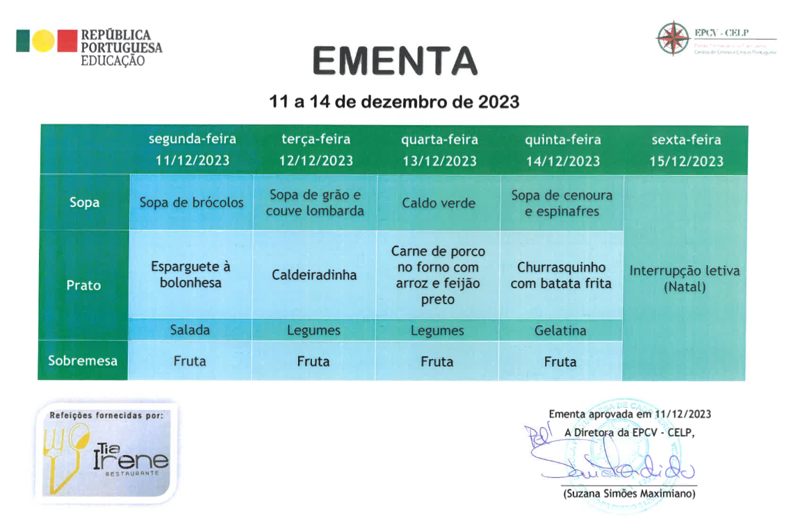 EMENTA DE 11 A 14 DE DEZEMBRO