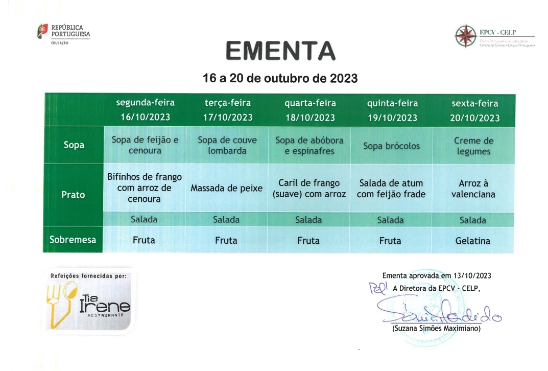 EMENTA DE 16 A 20 DE OUTUBRO 