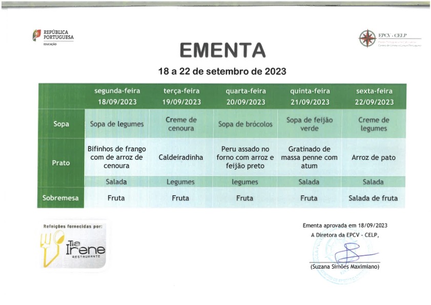 EMENTA DE 18 A 22 DE SETEMBRO