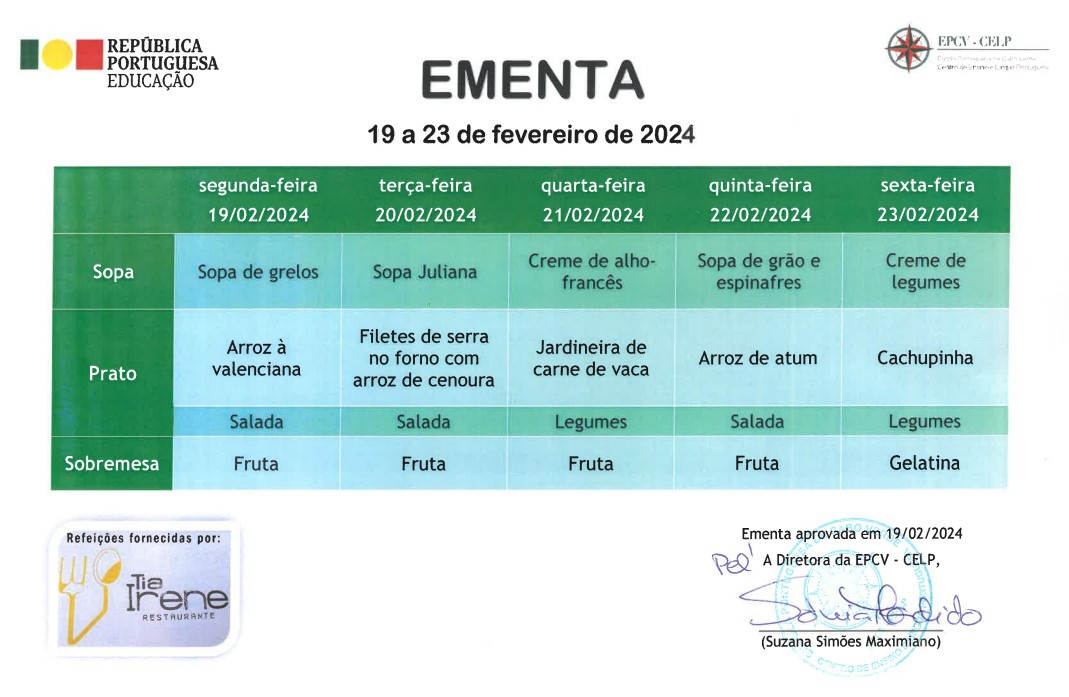 EMENTA DE 19 A 23 DE FEVEREIRO