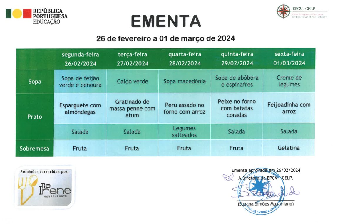 EMENTA DE 26 DE FEVEREIRO A 01 DE MARÇO