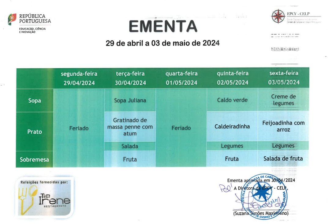 EMENTA DE 29 ABRIL a 03 DE MAIO