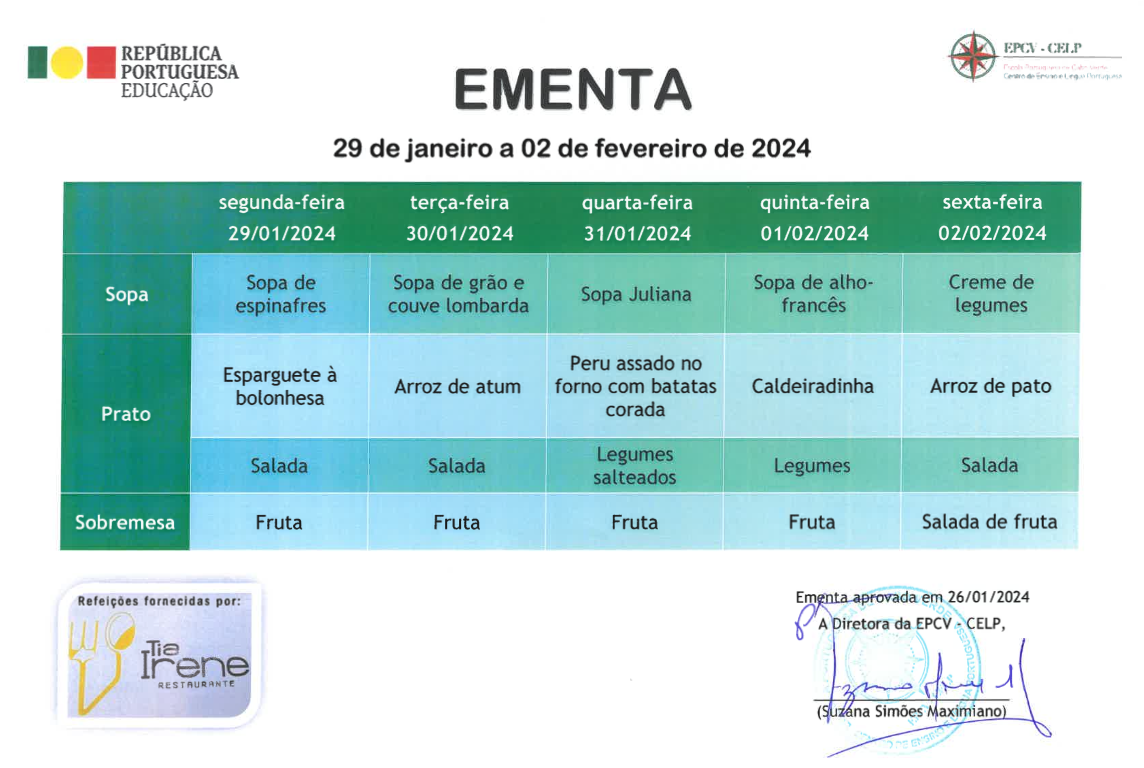 EMENTA DE 29 DE JANEIRO A 02 DE FEVEREIRO