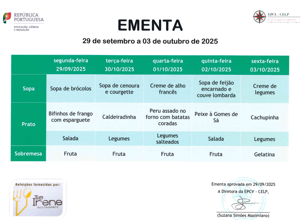 EMENTA DE 29 DE SETEMBRO A 3 DE OUTUBRO
