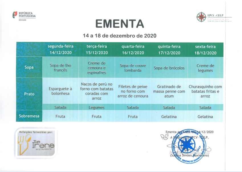 EMENTA DE 14 DE DEZEMBRO A 18 DE DEZEMBRO