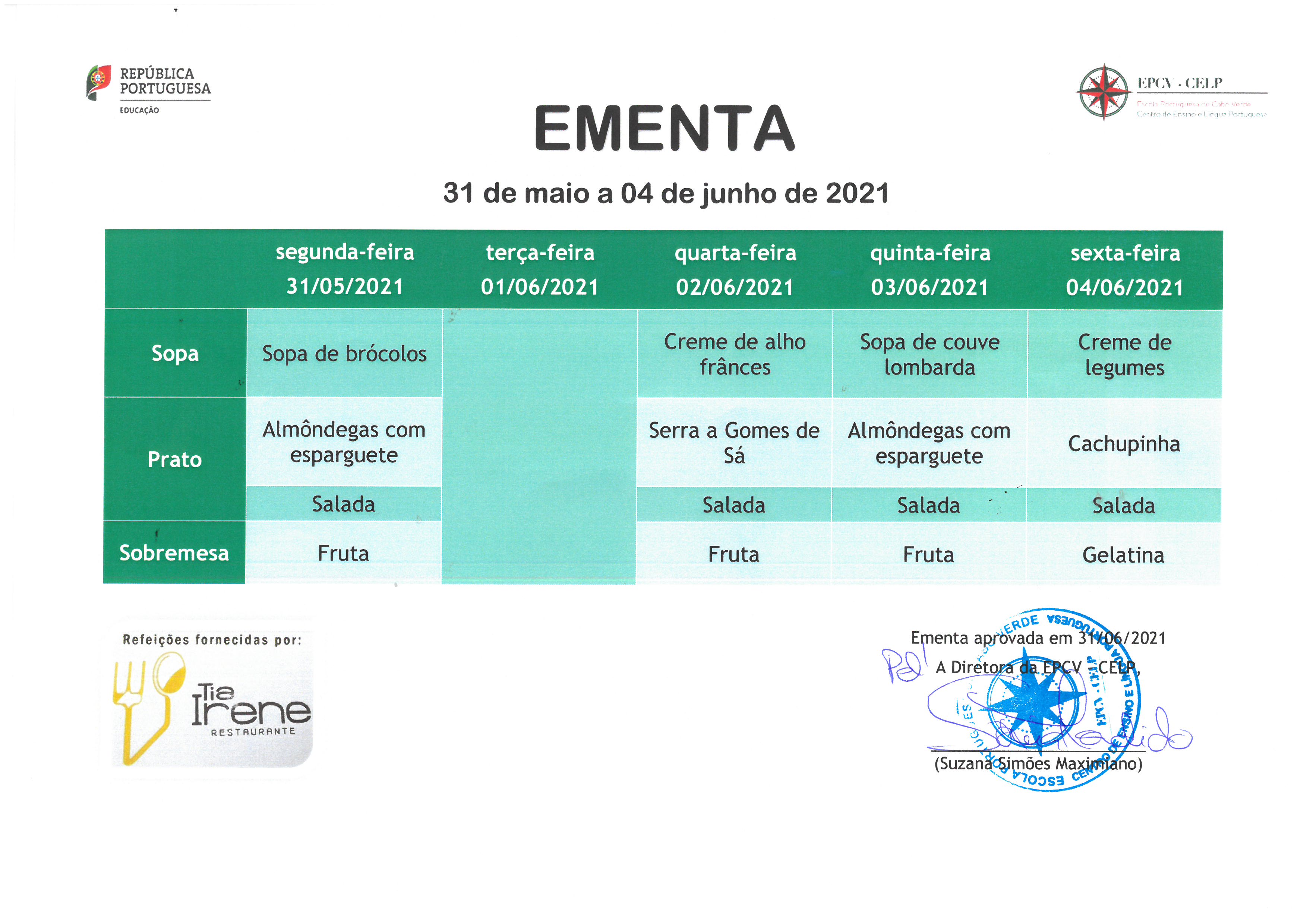 EMENTA DE 31 DE MAIO A 4 DE JUNHO