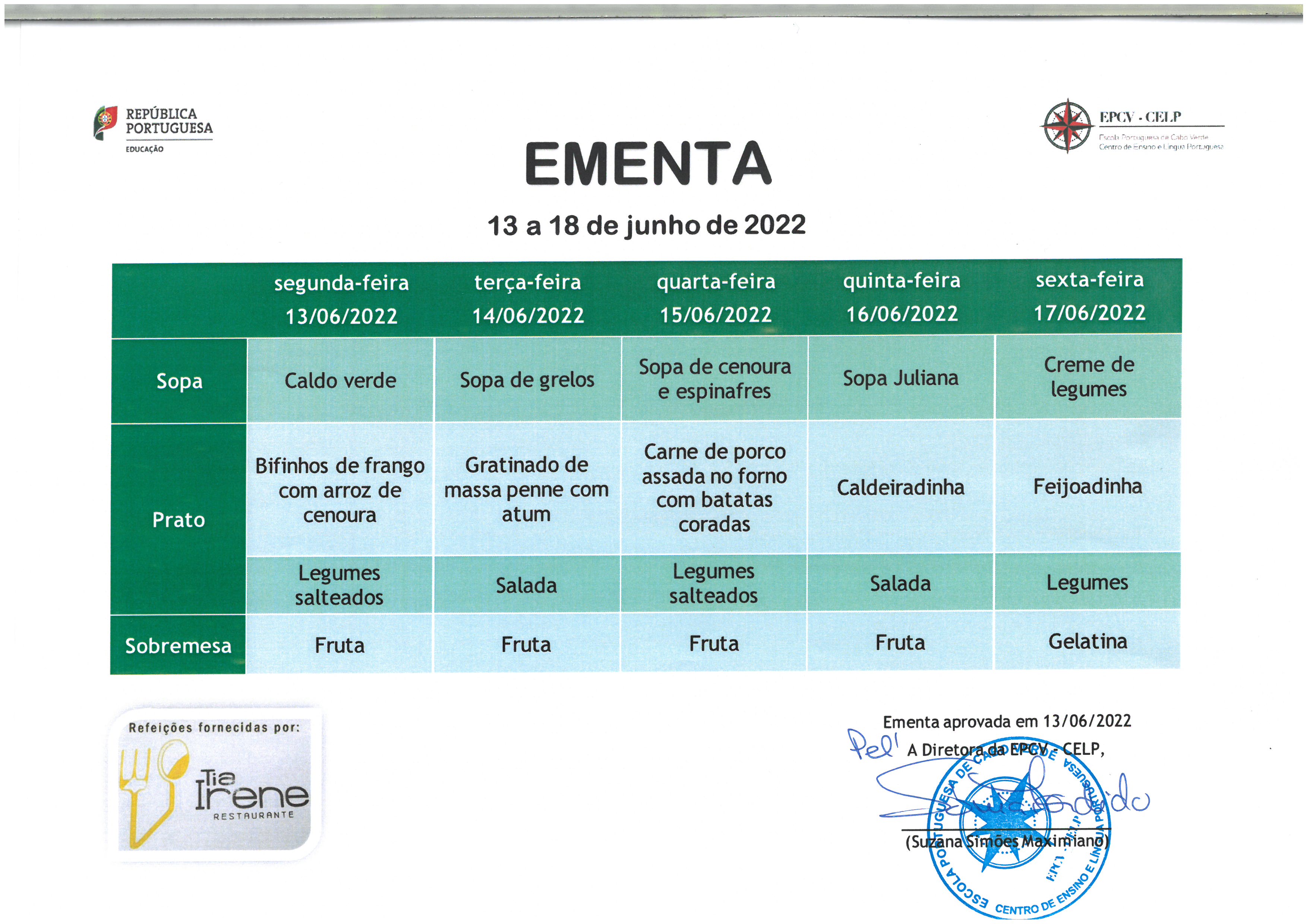 EMENTA DE 13 A 18 DE JUNHO