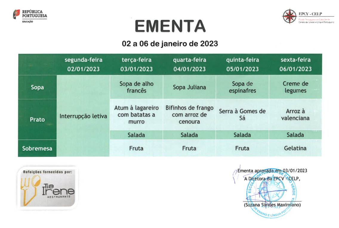 EMENTA DE 02 A 06 DE JANEIRO