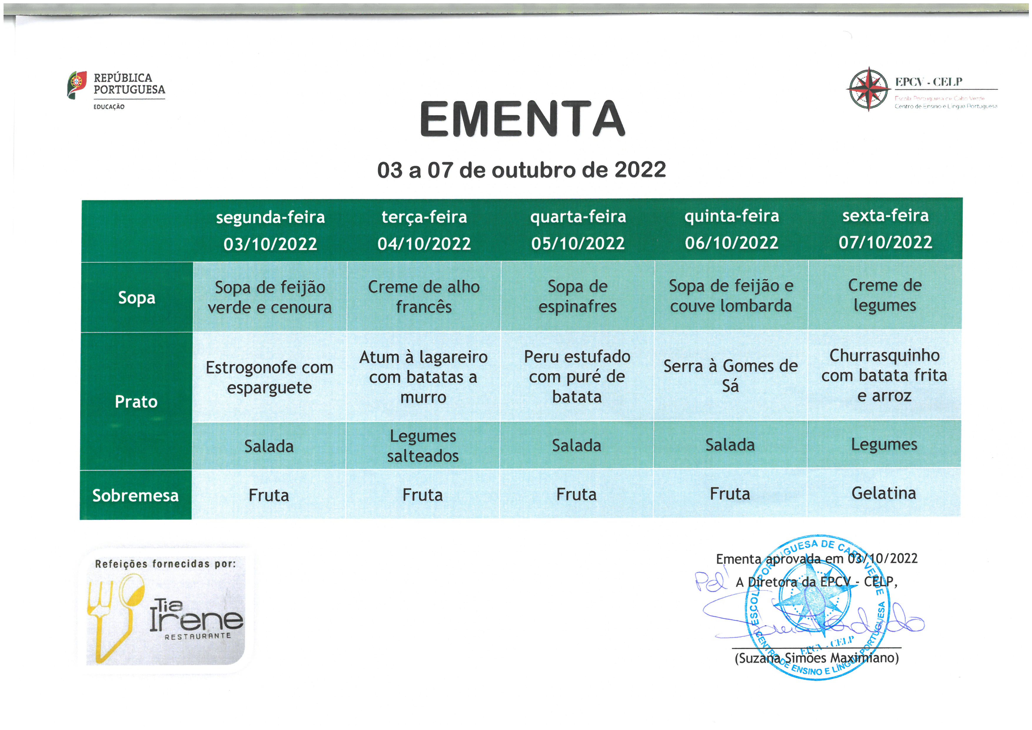 EMENTA DE 03 A 07 DE OUTUBRO