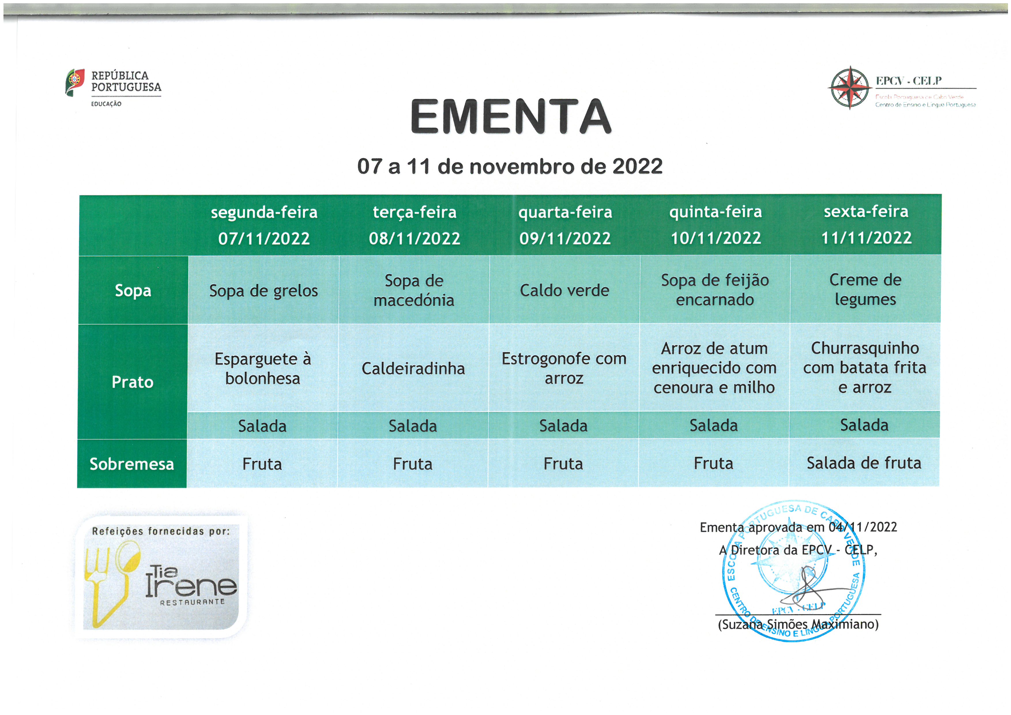 EMENTA DE 07 A 11 DE NOVEMBRO