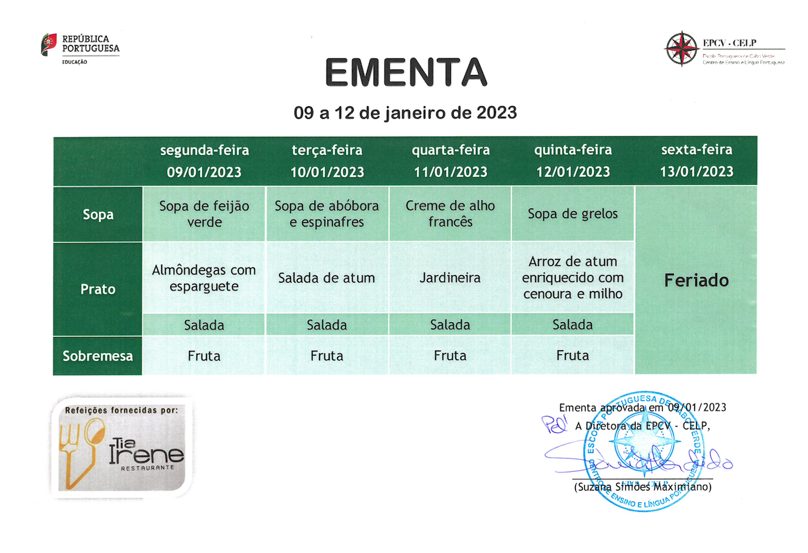 EMENTA DE 09 A 12 DE JANEIRO