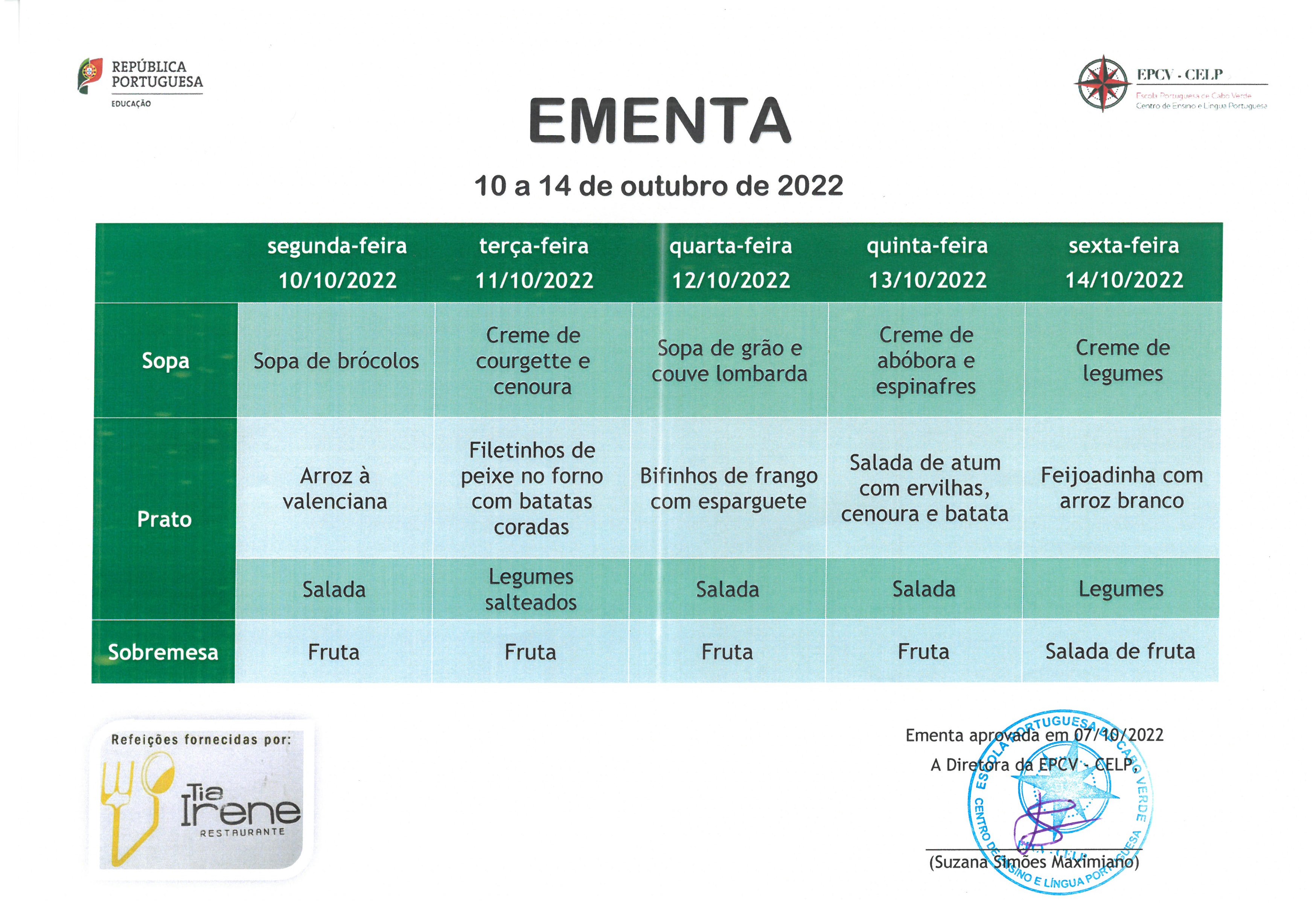 EMENTA DE 10 A 14 DE OUTUBRO