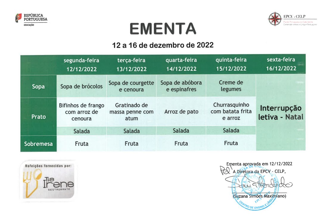 EMENTA DE 12 A 16 DE DEZEMBRO