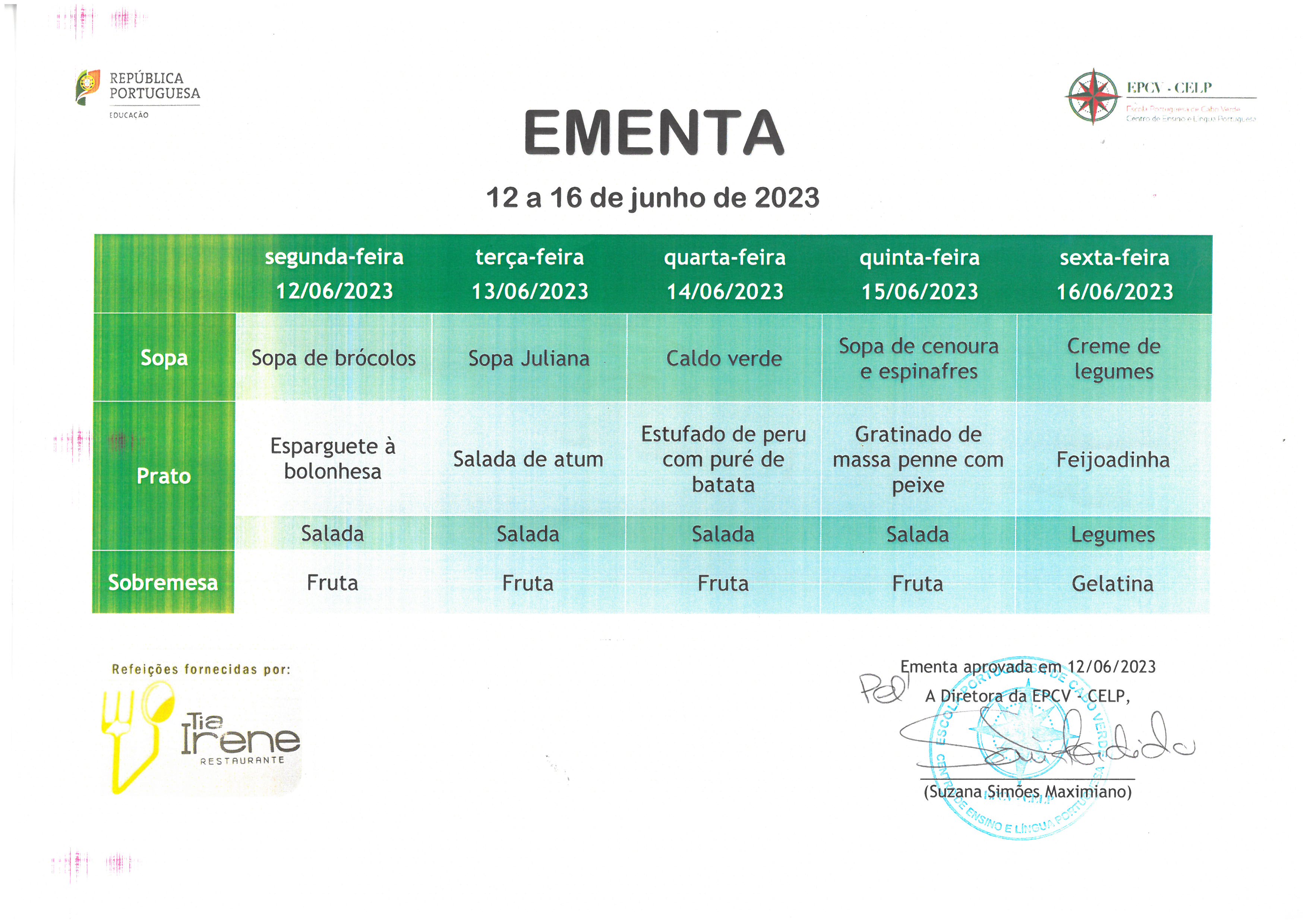 EMENTA DE 12 A 16 JUNHO