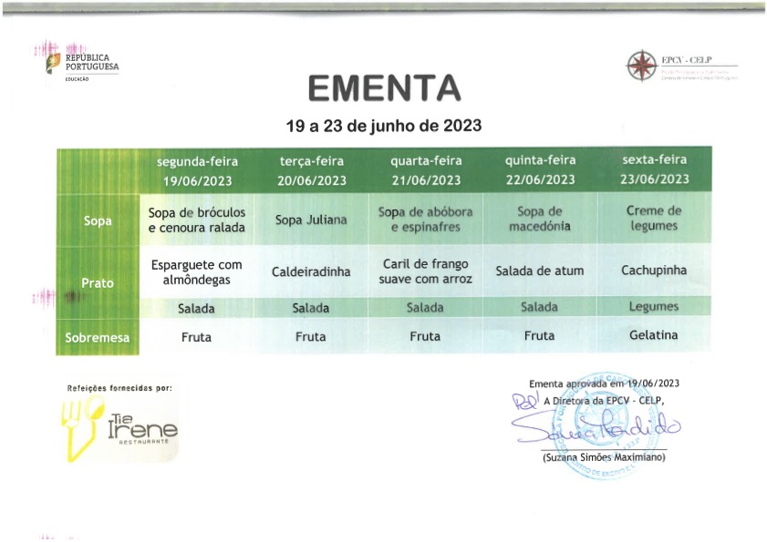 EMENTA DE 19 A 23 DE JUNHO