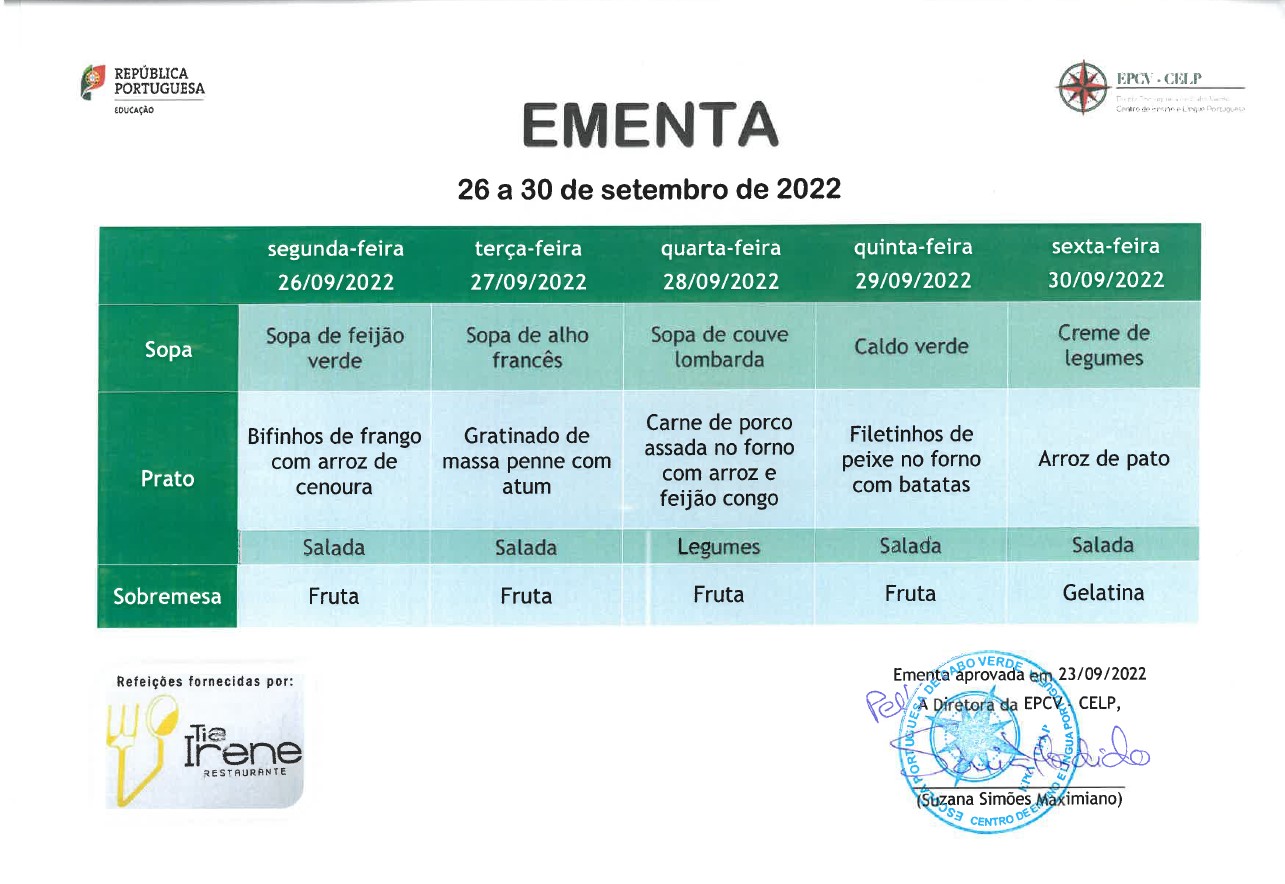 EMENTA DE 26 A 30 DE SETEMBRO