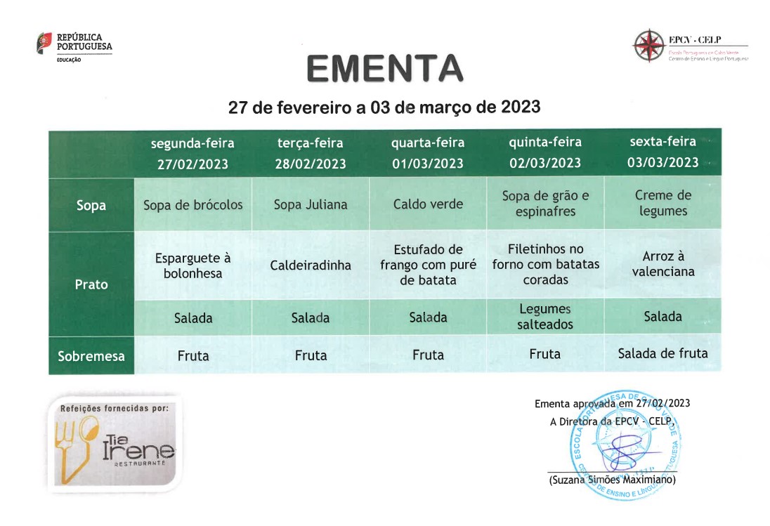 EMENTA DE 27 DE FEVEREIRO A 03 DE MARÇO