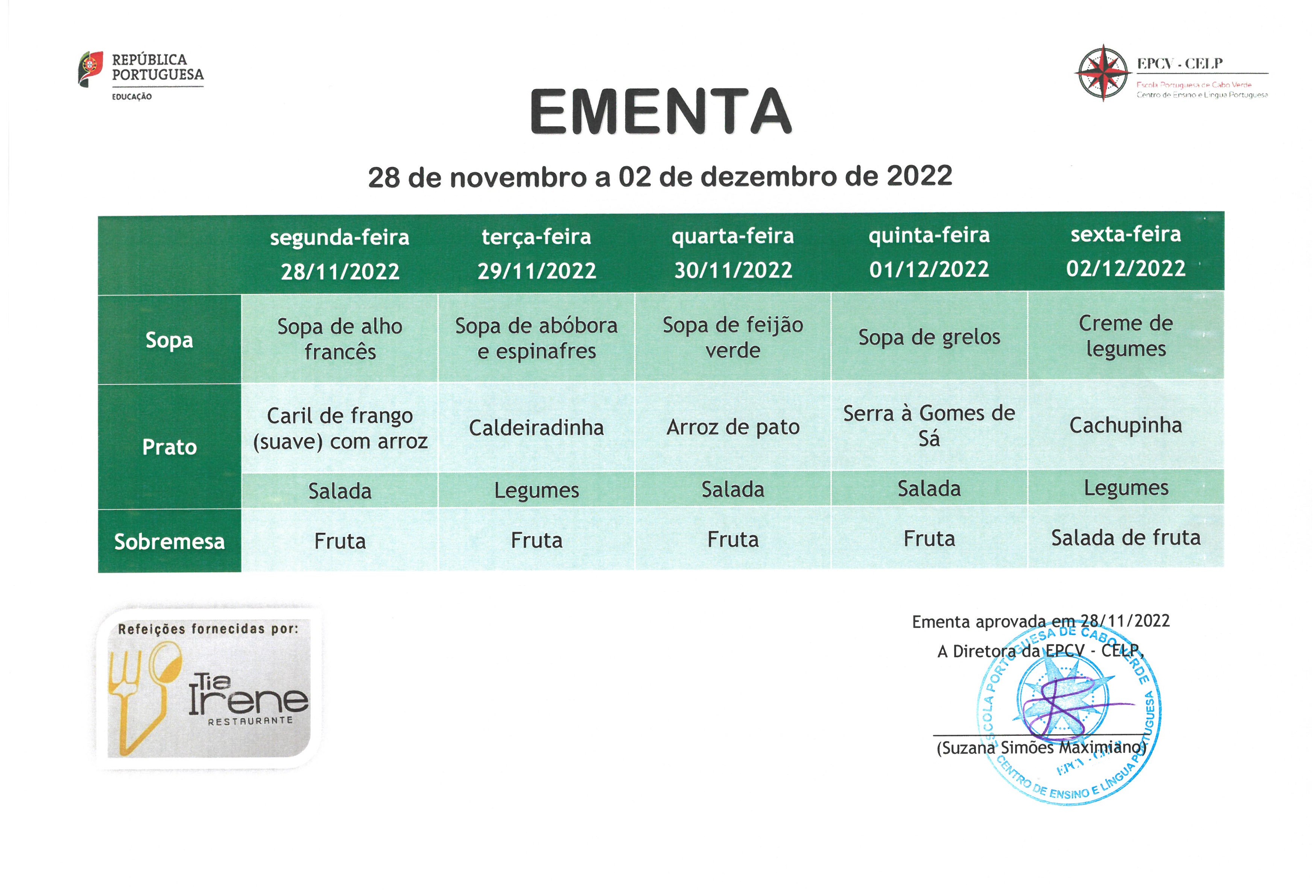 EMENTA DE 28 DE NOVEMBRO A 02 DE DEZEMBRO