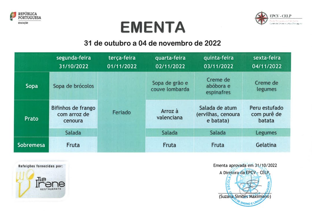 EMENTA DE 31 DE OUTUBRO A 04 DE NOVEMBRO