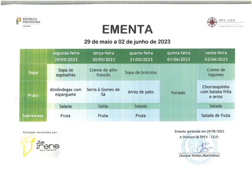 EMENTA DE 29 DE MAIO A 02 DE JUNHO