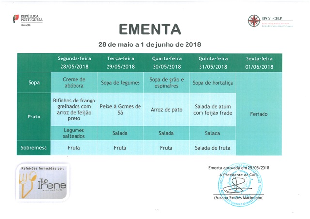 EMENTA DE 28 DE MAIO A 1 DE JUNHO