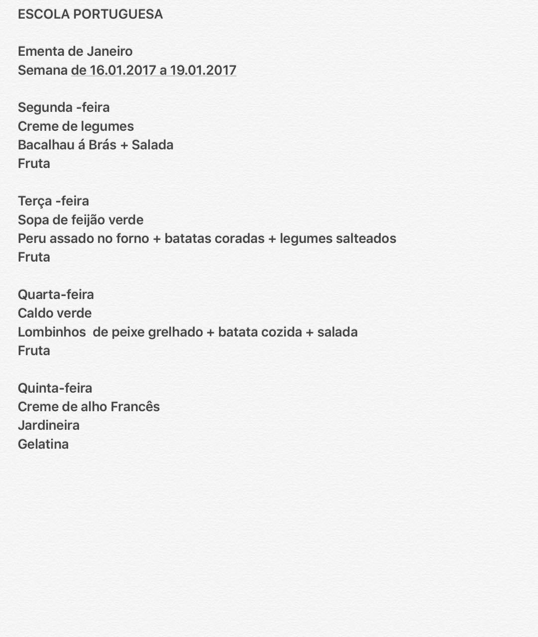 EMENTA 16 JANEIRO A 19 JANEIRO