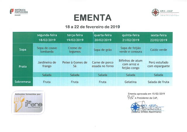 EMENTA DE 18 DE FEVEREIRO A 22 DE FEVEREIRO