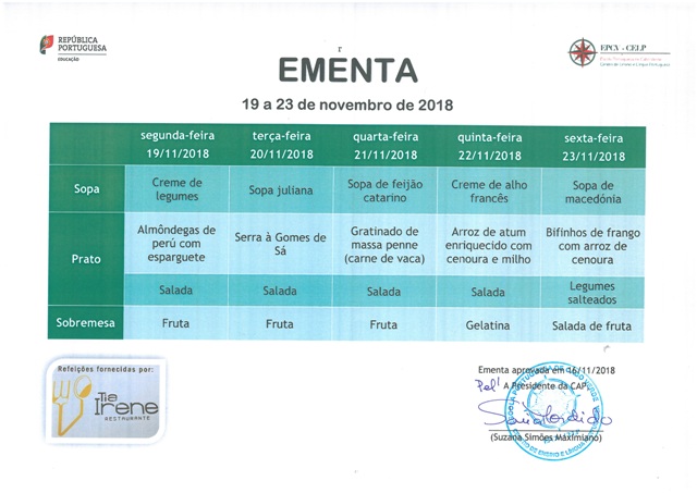 EMENTA DE 19 DE NOVEMBRO A 23 DE NOVEMBRO