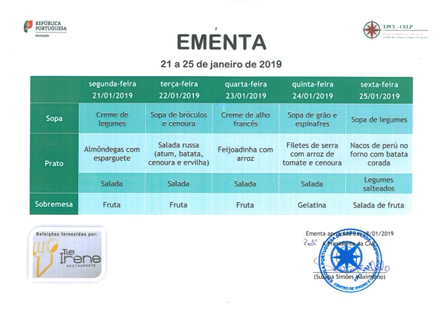 EMENTA DE 21 DE JANEIRO A 25 DE JANEIRO