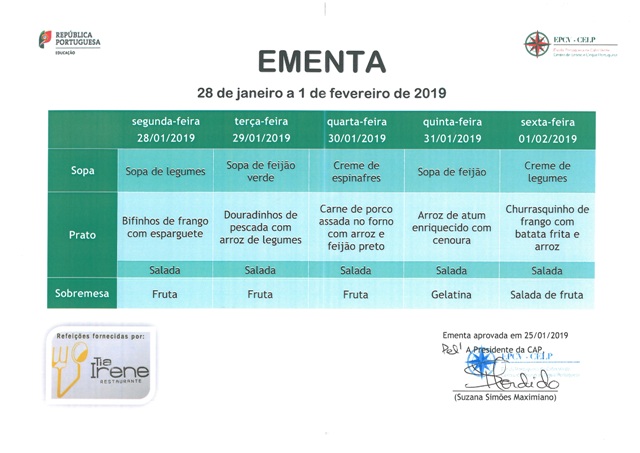 EMENTA DE 28 DE JANEIRO A 1 DE FEVEREIRO