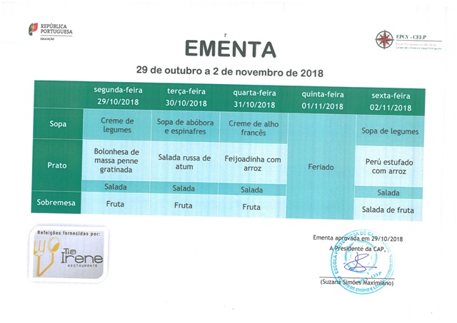 EMENTA DE 29 DE OUTUBRO A 2 DE NOVEMBRO